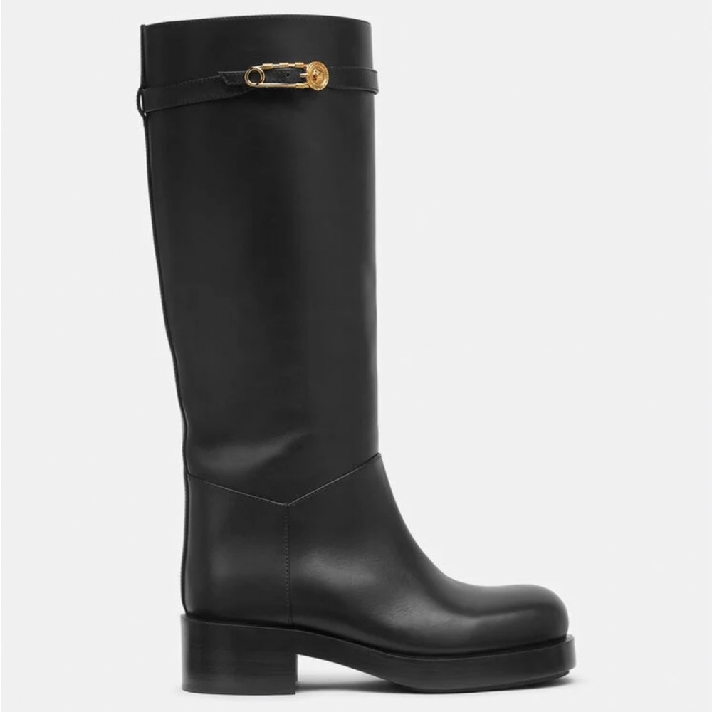 Versace Black Heeled Boots with Gold Accent